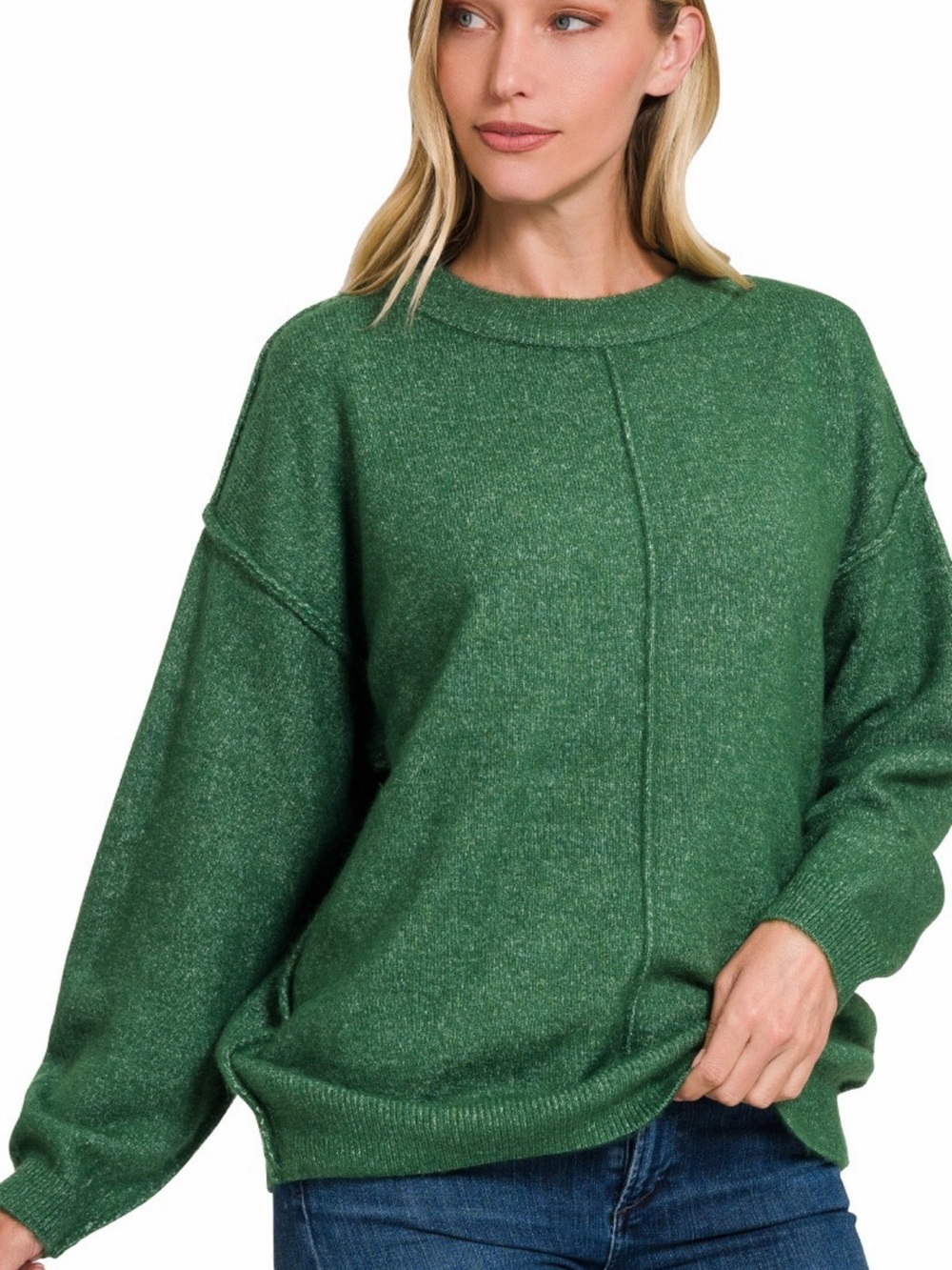 Zenana Green Oversized Exposed Center Seam Crewneck Knit Sweater L/XL